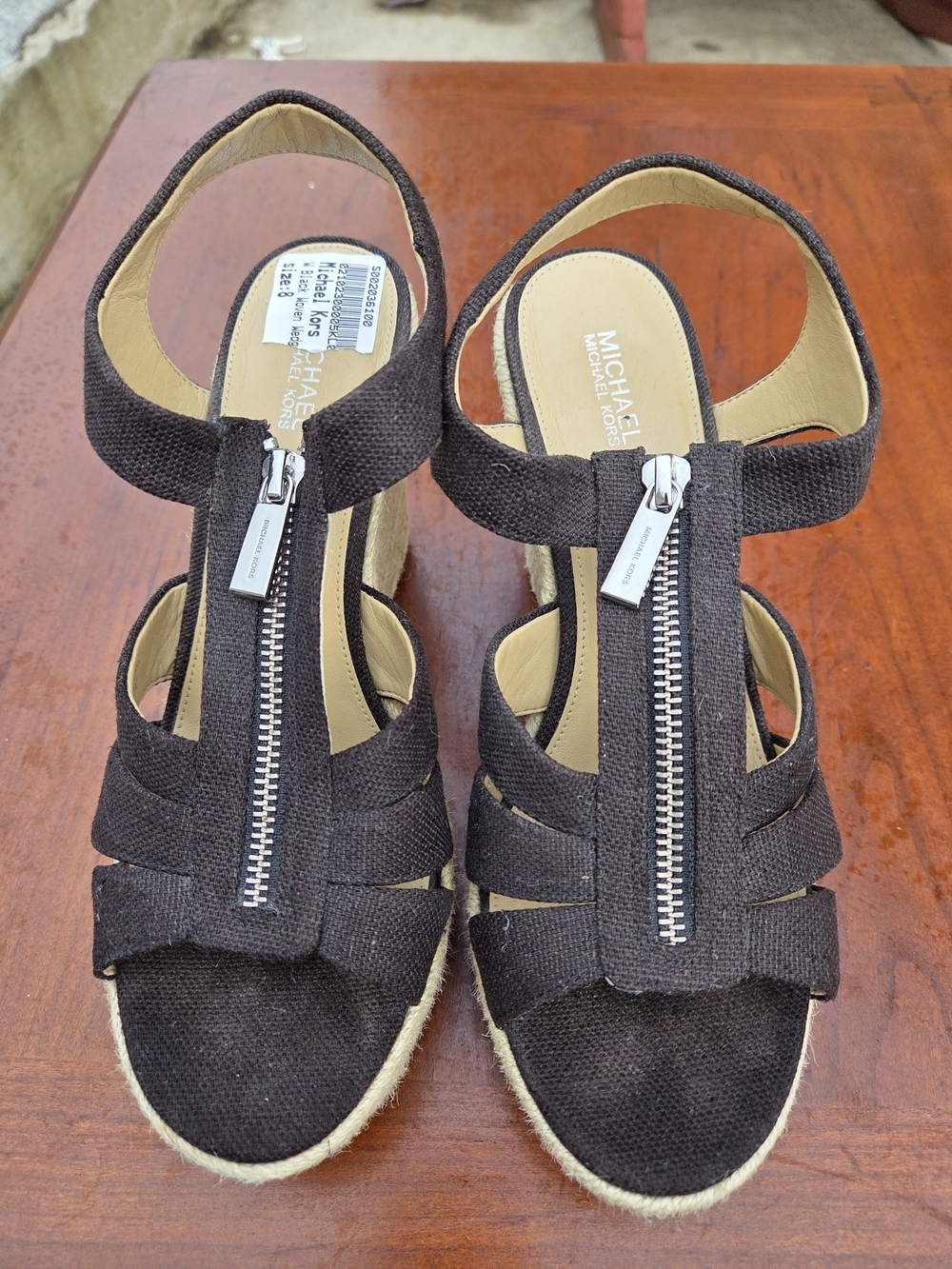 Michael Kors Brown Canvas Zip-Front Espadrille Wedge Sandals
